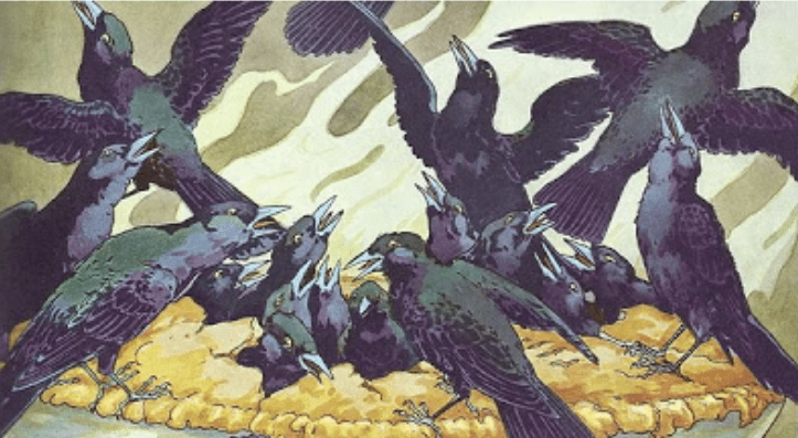 Drawing of blackbirds escaping a baked pie.