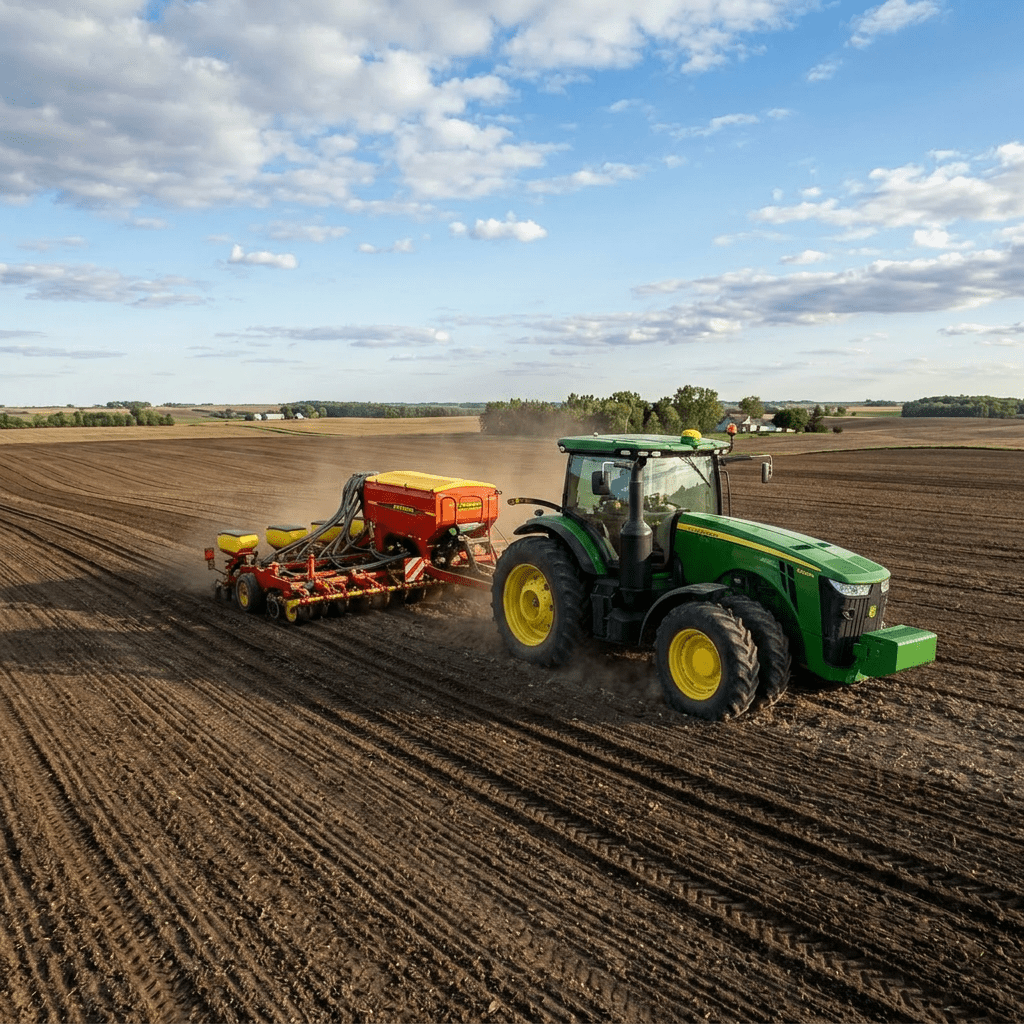 Green tractor pulling seed planter across plowed farmland with blue sky