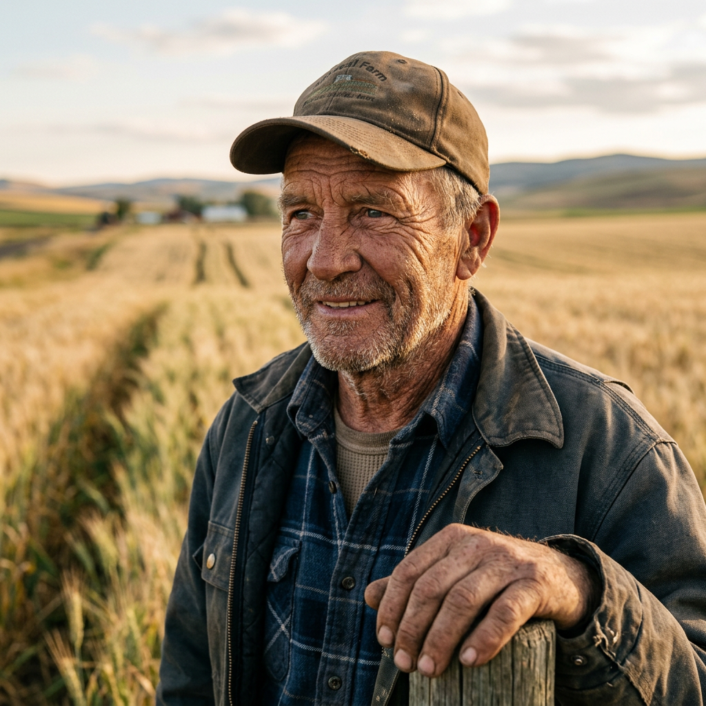 Elderly farmer leaning on a wooden post in a wheat field