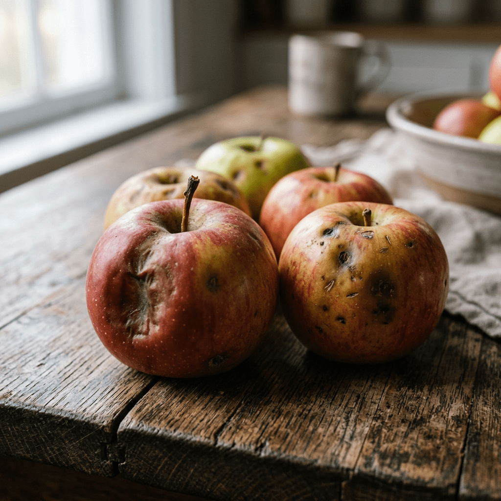 Group of bruised and spotted apples on a wooden surface.