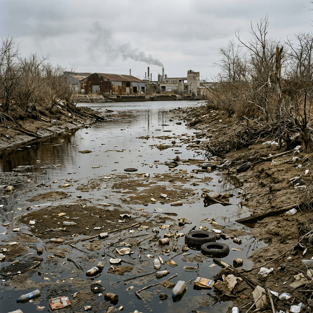 Polluted river with floating trash and industrial buildings in background
