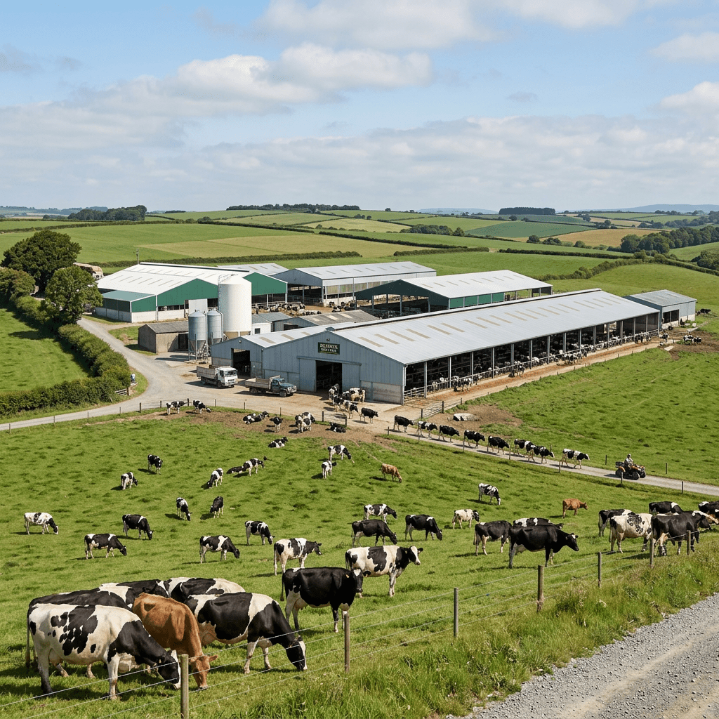 Dairy cows grazing on green fields near a modern farm with multiple large barns
