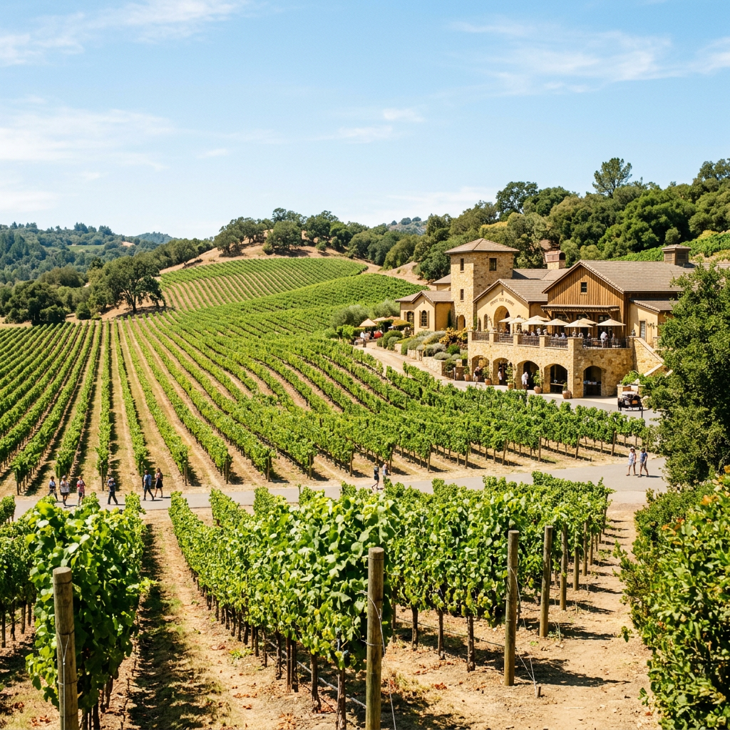 Large vineyard with rows of grapevines leading to a stone tasting room building
