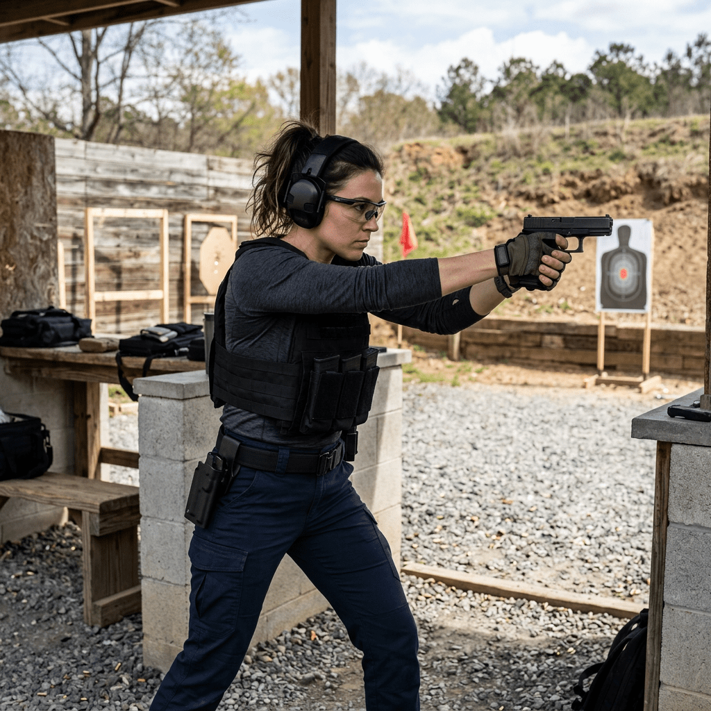 Woman wearing tactical gear aiming a handgun at a shooting range target