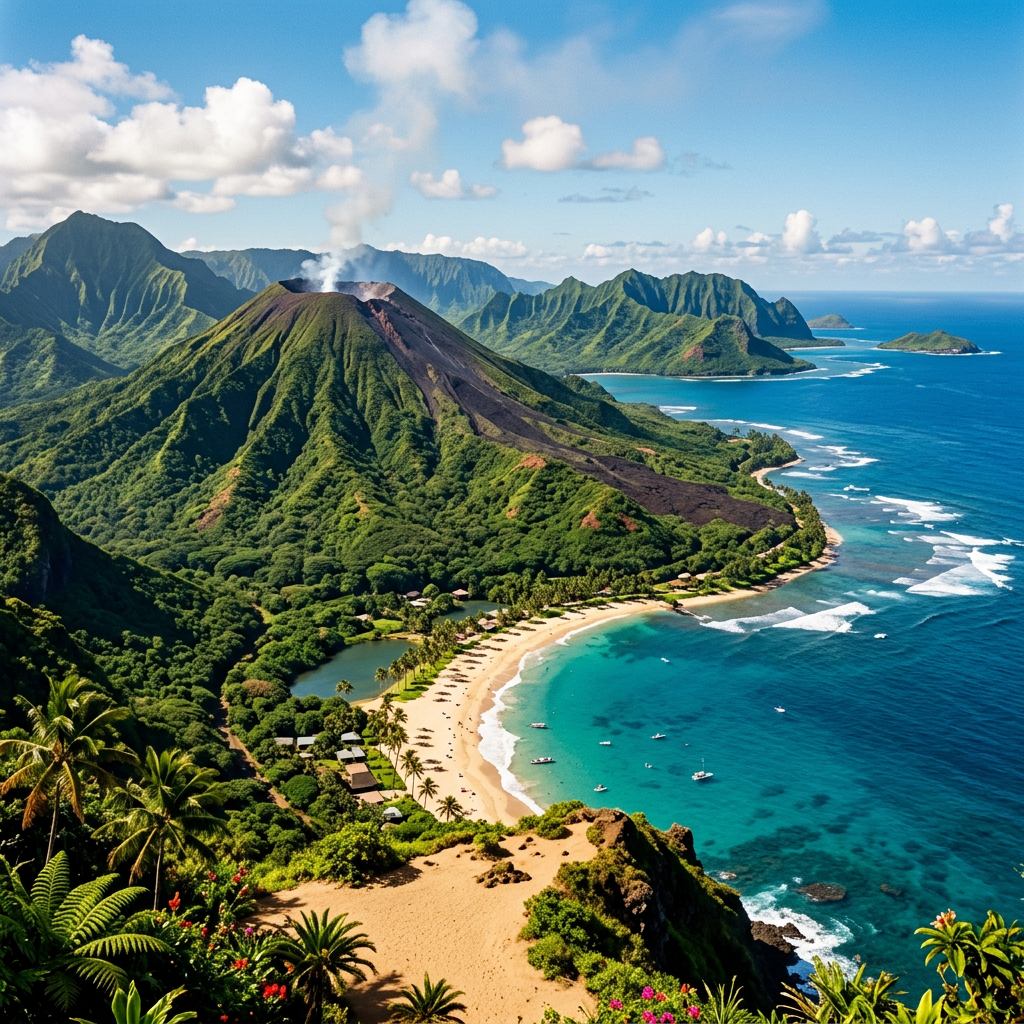 Volcanic island with smoking crater, green forest, sandy beach, and blue ocean.