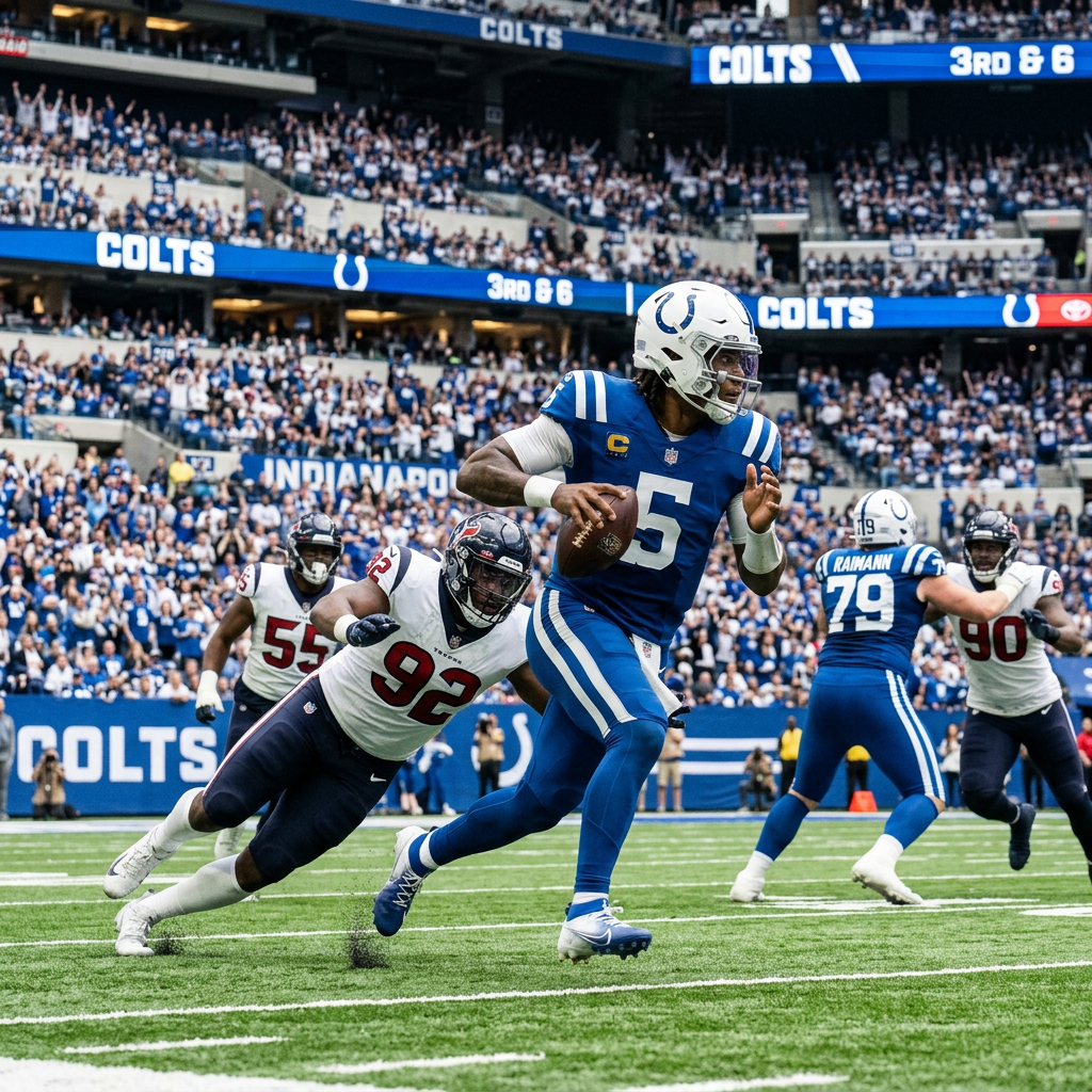 Colts quarterback running with football while Texans defender lunges to tackle him