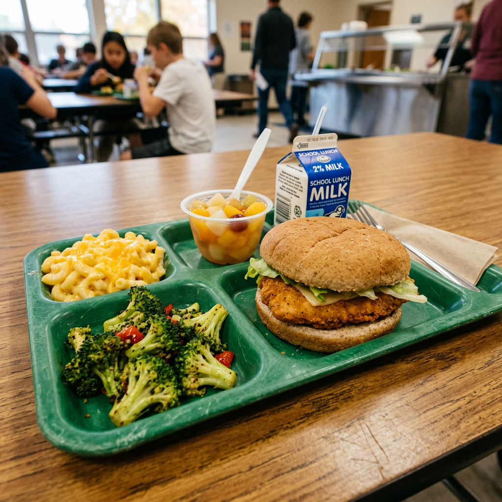 School lunch tray with chicken sandwich, broccoli, macaroni and cheese, fruit cup, and milk carton