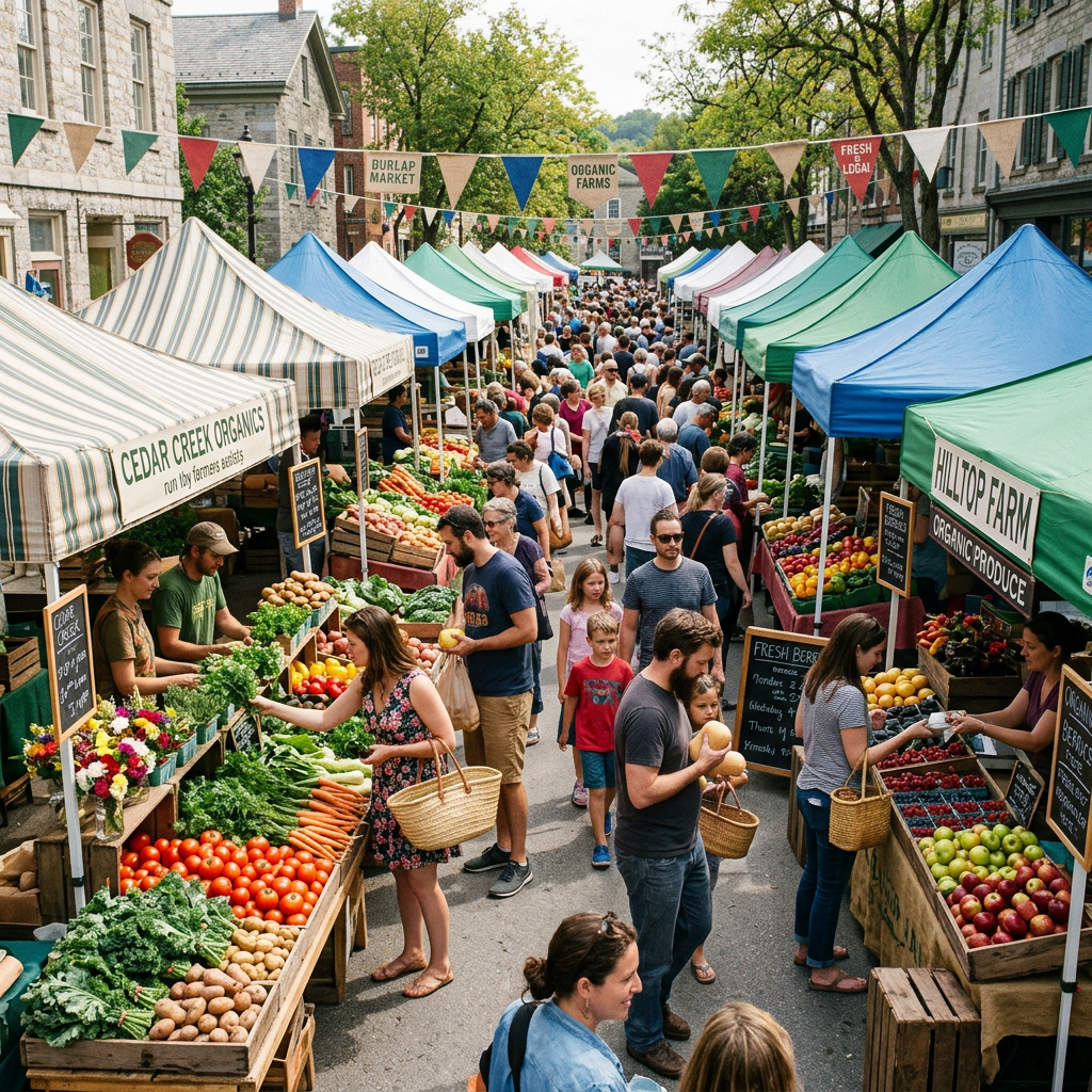 Crowded street market with booths selling fresh organic fruits and vegetables