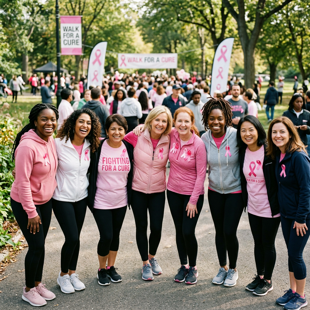 Group of women wearing pink clothing and ribbons at a breast cancer walk
