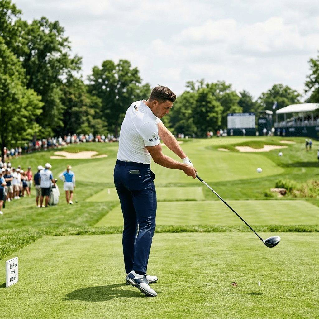 Golfer in white shirt and navy pants teeing off on a sunny golf course